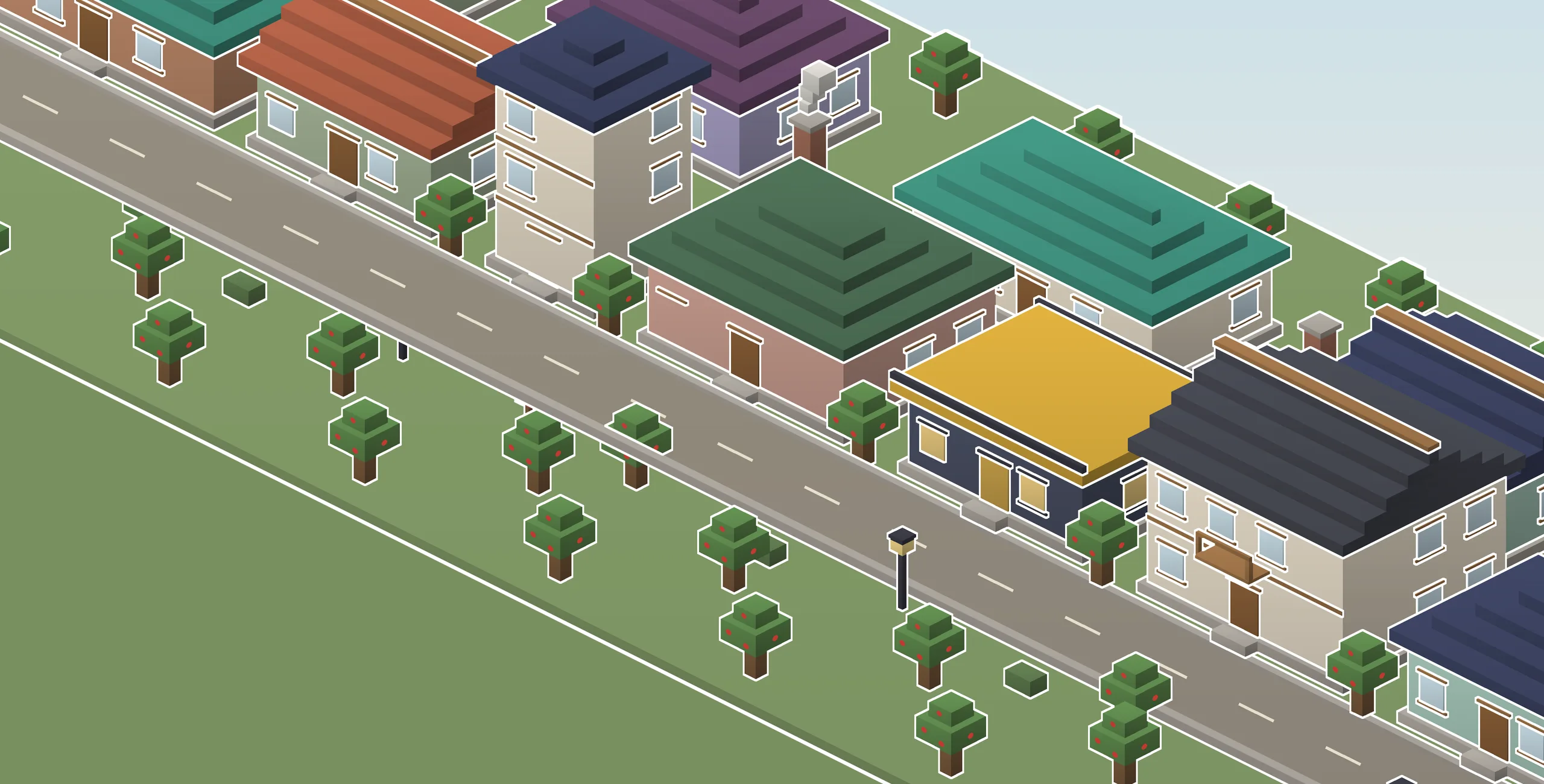 A street of voxel houses in the Hood Estates neighborhood